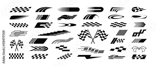 Race cars, flags, stripes, motocross labels, speed lines vector set