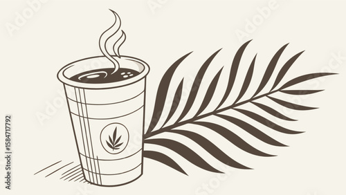 Cannabis infused coffee cup with palm leaf vector art for cbd product branding and marketing design