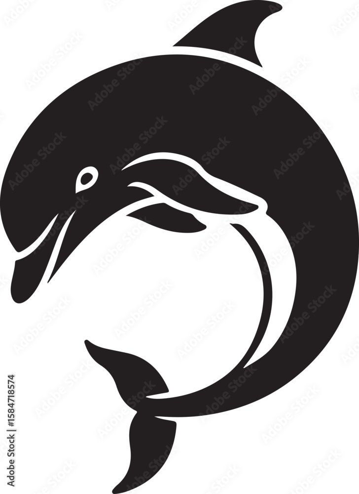 Obraz premium Black dolphin silhouette with white eye and mouth detail marine life aquatic animal