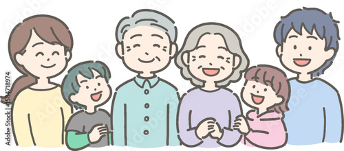 祖父母・父母・孫が笑顔の3世代家族のイラスト
