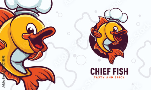 Playful Cartoon Chef Fish Mascot logo:  Vibrant,  Happy,  Restaurant Branding,  Spicy Food Illustration