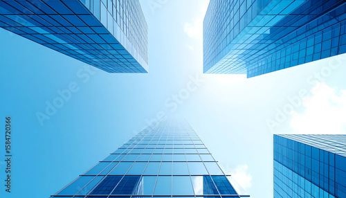 A view looking up at modern skyscrapers with reflective glass exteriors against a bright blue sky