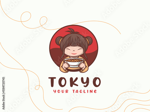 Adorable Anime Girl Enjoying a Bowl of Ramen:  Japanese Restaurant Logo Design, Cute Style, Happy Mood