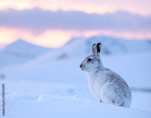 A fluffy white rabbit sits gracefully in a blanket of fresh, glistening snow, its ears perked up, surrounded by delicate snowflakes falling gently.