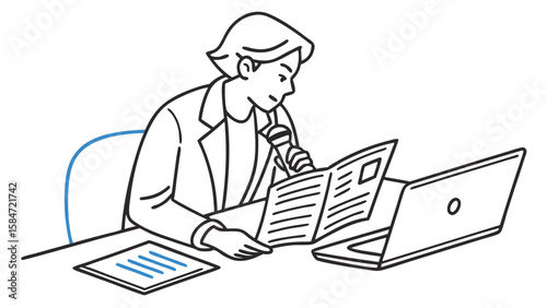 Female presenter with microphone and script at desk, broadcasting or reporting news