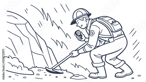 Outdoor worker in hard hat digging with tool and device near rocky terrain. Geologist, explorer, or rescuer line art illustration.