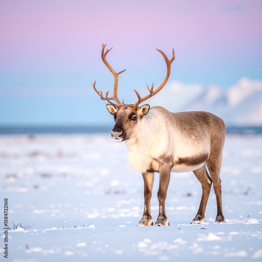 Obraz premium A majestic reindeer stands gracefully in a snowy landscape, its impressive antlers adorned with a dusting of snow, surrounded by a serene winter scene.