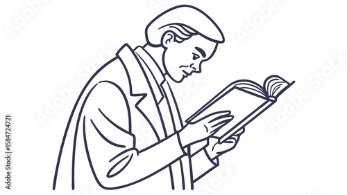 Man Reading Book Line Art Illustration. Simple Vector Outline of Person Studying or Enjoying Literature.