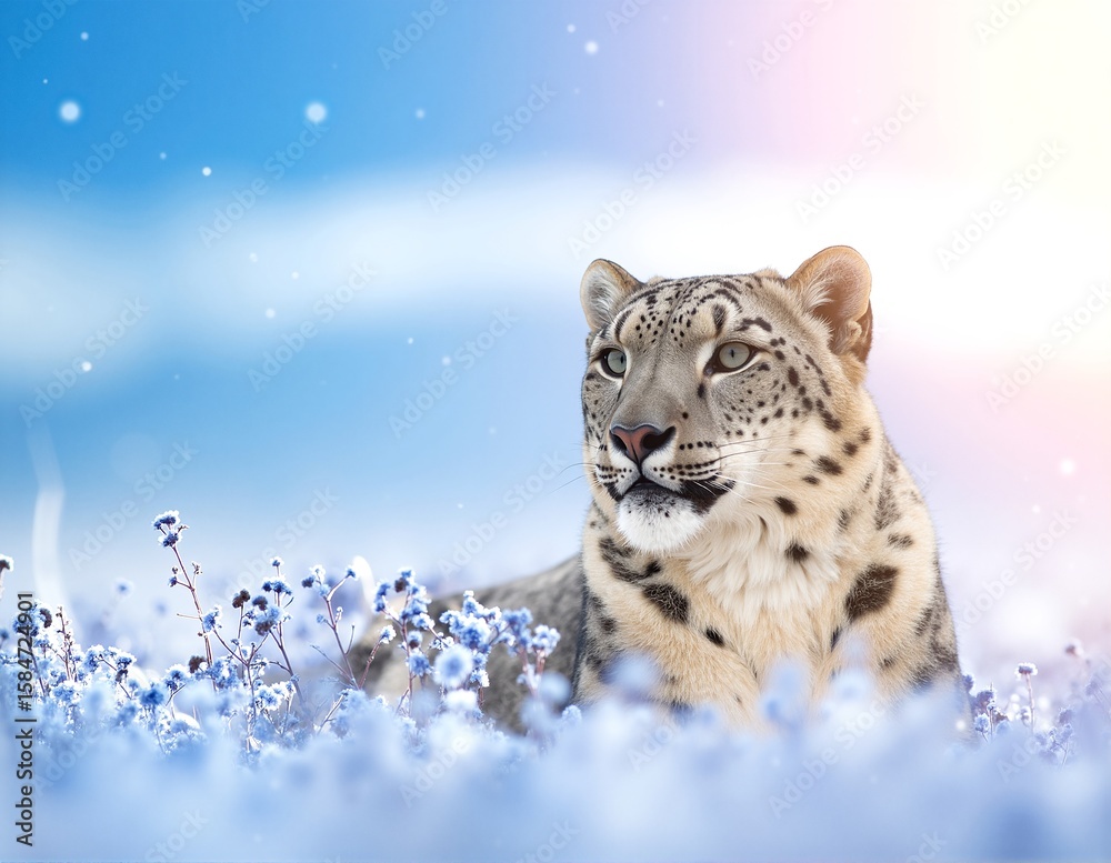 Obraz premium A majestic snow leopard rests gracefully among vibrant wildflowers, its striking fur blending beautifully with the colorful petals surrounding it.