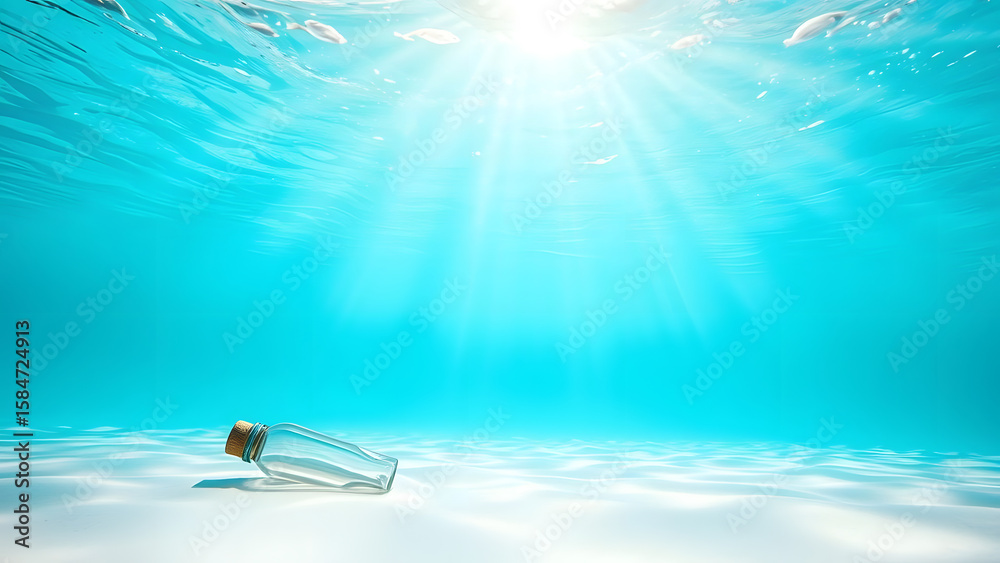 Fototapeta premium A serene underwater scene featuring a clear glass bottle resting on a sunlit sandy ocean floor with rays filtering from above.