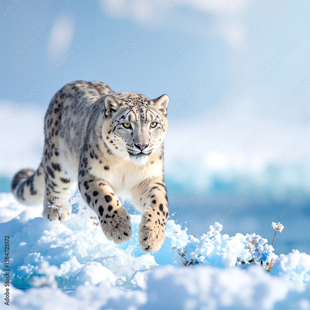 Naklejka premium A majestic snow leopard gracefully bounds through a pristine, snow-covered landscape, its thick fur blending with the glistening white snow.