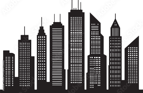 Black silhouette of modern city skyline with various tall buildings skyscrapers