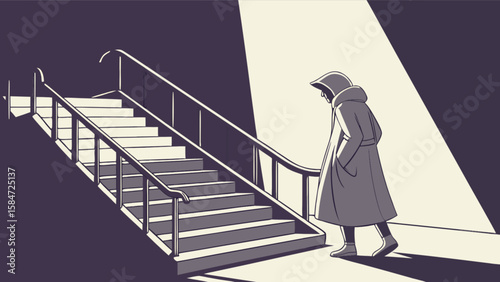 Illustration of person walking up stairs with railing in light and shadow art concept design style scene