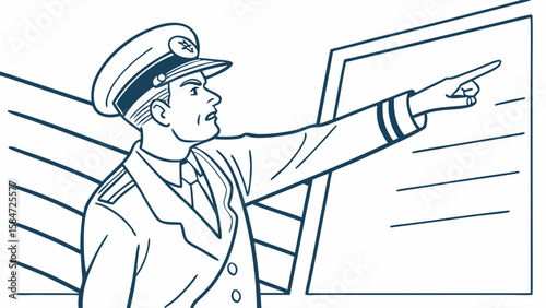 Captain or Officer in Uniform Pointing Decisively, Giving Directions or Command in Vintage Line Art Style