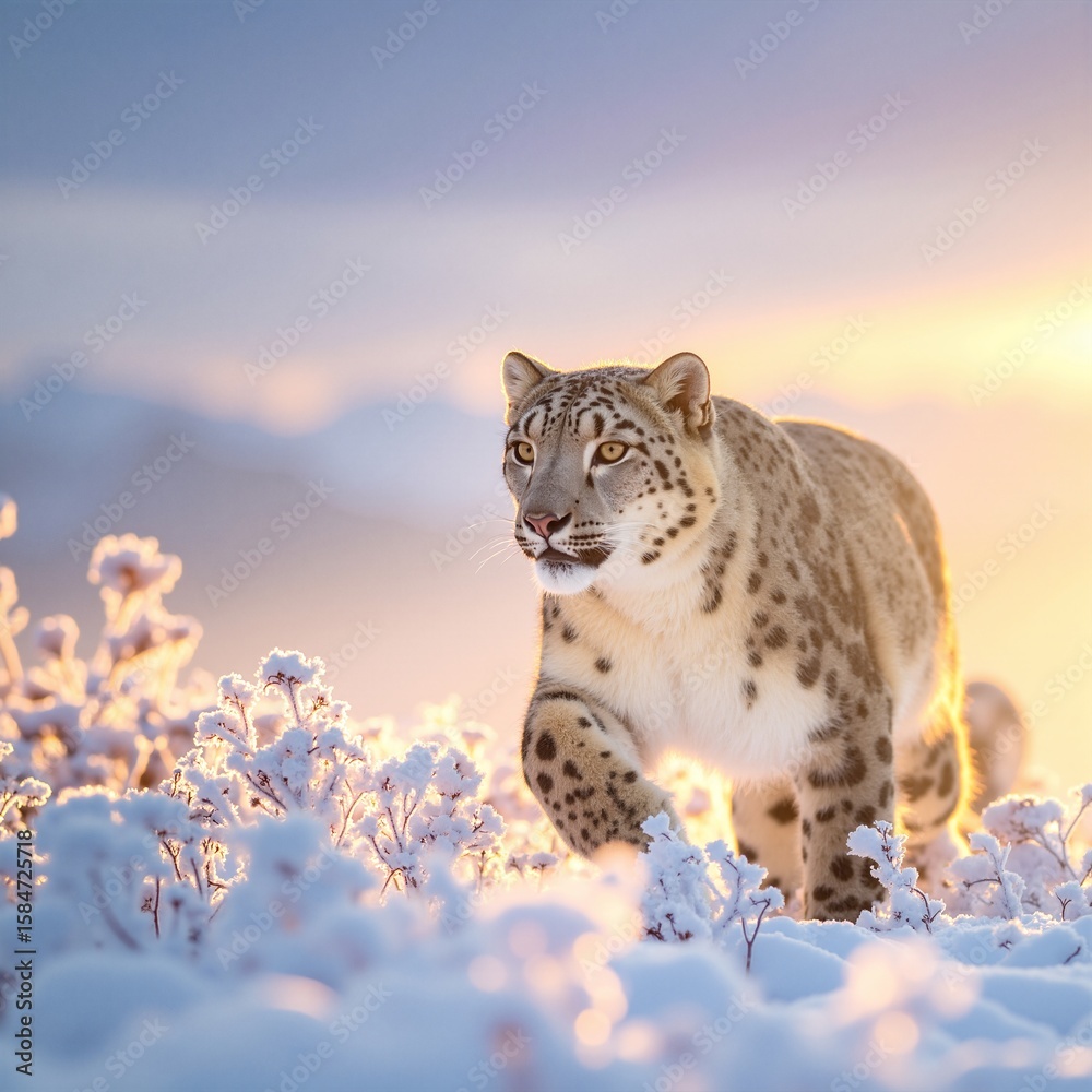 Fototapeta premium A majestic snow leopard gracefully traverses a pristine, snow-covered landscape, its thick fur blending beautifully with the wintry surroundings.