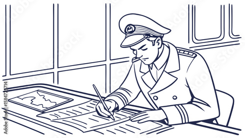 Ship Captain Writing at Desk on Vessel - Monochrome Illustration of Marine Officer Working on Documents