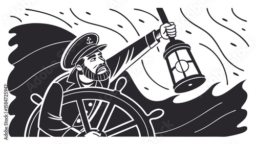 Captain Steering Ship Through Stormy Seas, Holding Lantern for Guidance