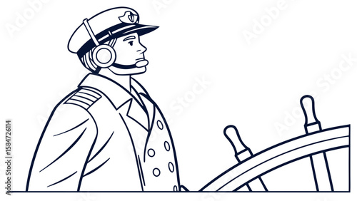 Professional Ship Captain Steering Vessel with Headset Line Drawing Illustration