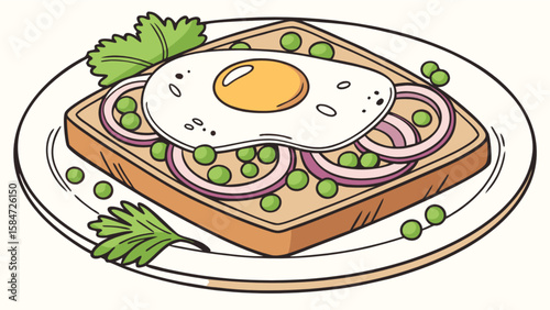 Delicious breakfast toast with fried egg peas and onion rings perfect for morning brunch and healthy diet plan