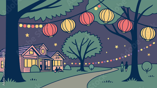 Backyard party with lanterns and string lights vector illustration for summer celebration design