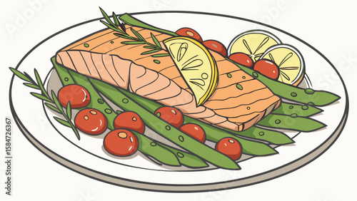 Delicious salmon fillet with asparagus tomatoes and lemon slices on a plate healthy food concept