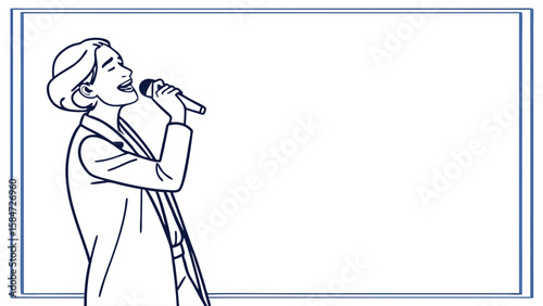 Female singer performing with microphone, minimalist line art illustration, music and talent concept with copy space