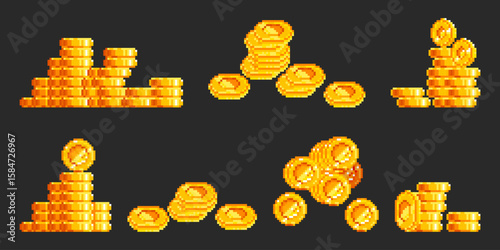 Pixel art gold coin stacks in retro 8 bit style - shiny yellow treasure piles with various heights on dark background for arcade game currency, video game loot or digital reward system graphics.