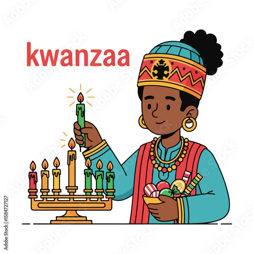 Cartoon character with lighting candles and holding sweets, Kwanzaa celebration. Vector flat design cartoon. AI generated images.	
