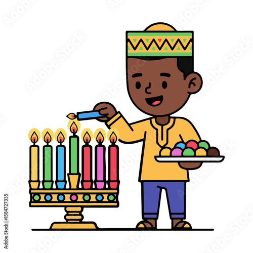 Cartoon character with lighting candles and holding sweets, Kwanzaa celebration. Vector flat design cartoon. AI generated images.	