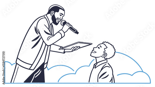 Adult man with microphone teaching young boy, intergenerational communication and learning, line art illustration