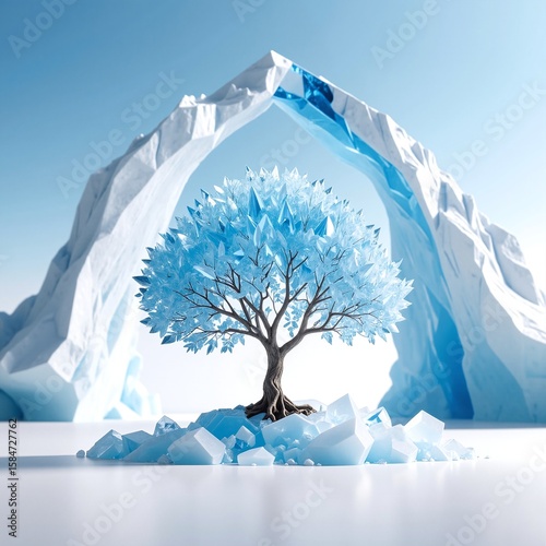 A solitary tree stands resiliently atop a massive iceberg, its roots gripping the icy surface, surrounded by shimmering blue waters and floating ice fragments.