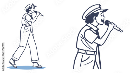 Performer singing into microphone, uniform and cap, line art illustration