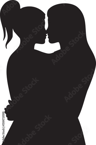 Silhouette of a couple embracing and about to kiss with a ponytail on one person embrace love