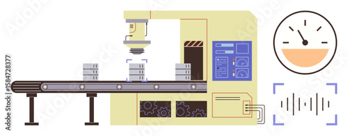 Robotic system inspecting products on a conveyor belt with quality analysis icons. Ideal for manufacturing, automation, technology, efficiency, optimization, industry trends, innovation. Simple flat