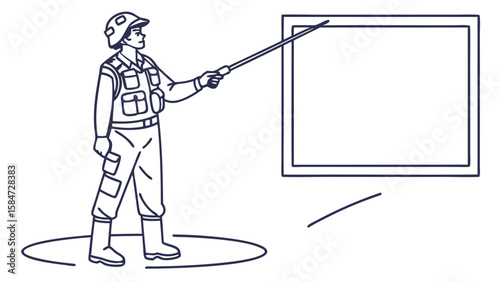 Military personnel pointing at blank screen for presentation or strategic briefing concept