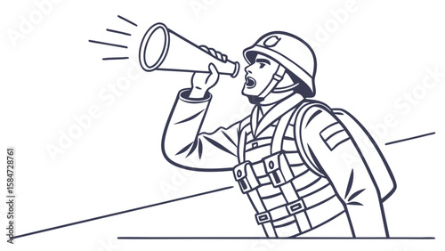 Line Art Illustration of Soldier Shouting Through Megaphone, Giving Orders or Announcement