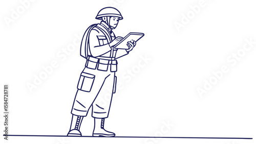 Soldier in uniform operating a digital tablet. Line art illustration of military technology.