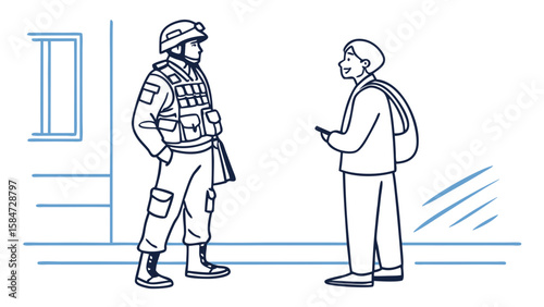 Line art illustration of a soldier or security officer conversing with a civilian. Military personnel and citizen interaction.