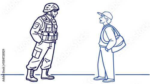 Soldier and Civilian Interaction Line Art Illustration