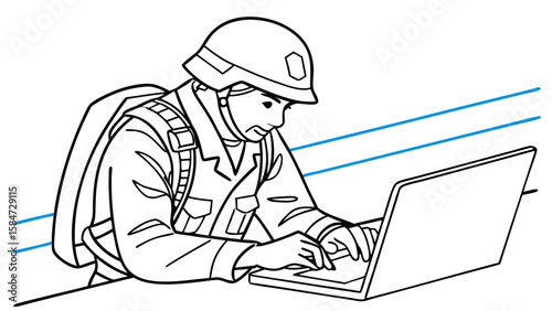 Soldier in Uniform Working on Laptop. Military Personnel with Technology. Digital Operations Line Art.
