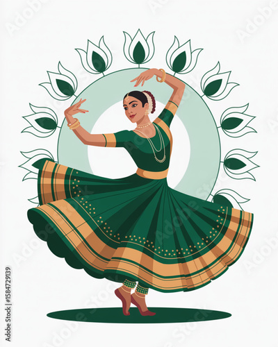 Kathak Dancer Twirling in Skirt with Bells — Surrounded by Lotus Motifs