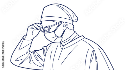 Healthcare professional in surgical cap, mask, and protective glasses adjusting eyewear. Medical worker safety line art illustration.