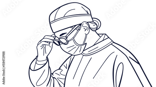 Healthcare professional wearing mask and cap adjusts glasses, vector illustration