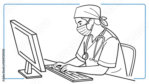 Healthcare worker in mask and scrubs typing on computer, medical technology illustration