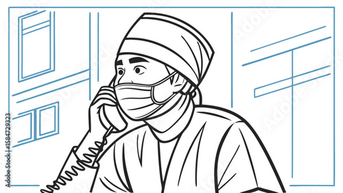 Healthcare Worker in Mask on Phone Call Line Art Illustration