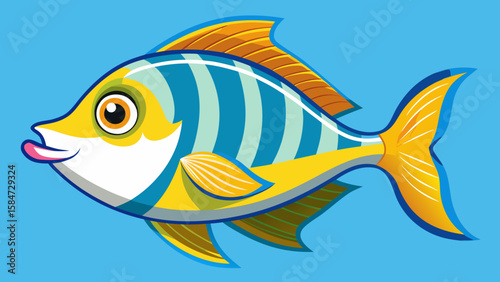 Vector art of a cheerful cartoon fish with blue stripes and yellow fins swims happily in the sea