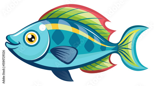 Vector art of a whimsical cartoon fish with a playful expression glides through the water, its fins a vibrant green and red