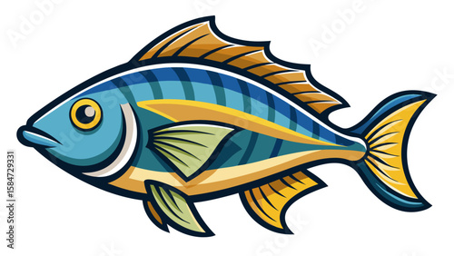 Vector art of a sleek cartoon fish with blue and yellow stripes swims gracefully through the water, its fins propelling it forward