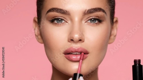 Woman applies pink lip gloss against a pink background