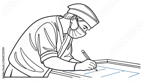 Medical professional in surgical scrubs and mask writing on a chart. Doctor documenting. Healthcare line art illustration.